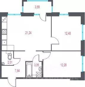 Квартира, 2 комнаты, 59.88 м - Фото 1