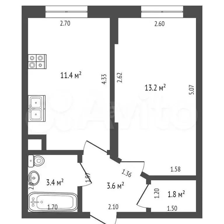 1-к. квартира, 33,4 м, 1/7 эт. - Фото 0