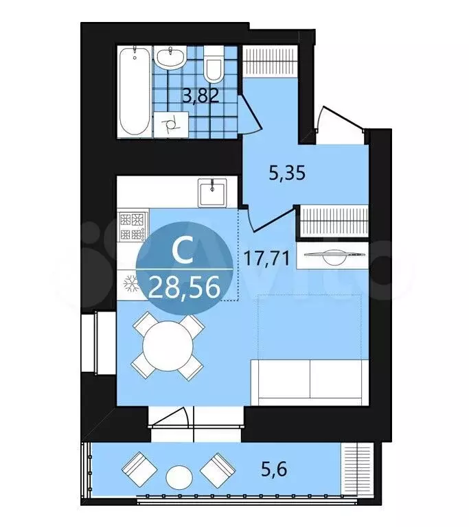 Квартира-студия, 28,6 м, 7/9 эт. - Фото 0