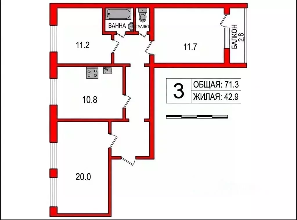 3-к кв. Санкт-Петербург Богатырский просп., 7К5 (71.3 м) - Фото 2