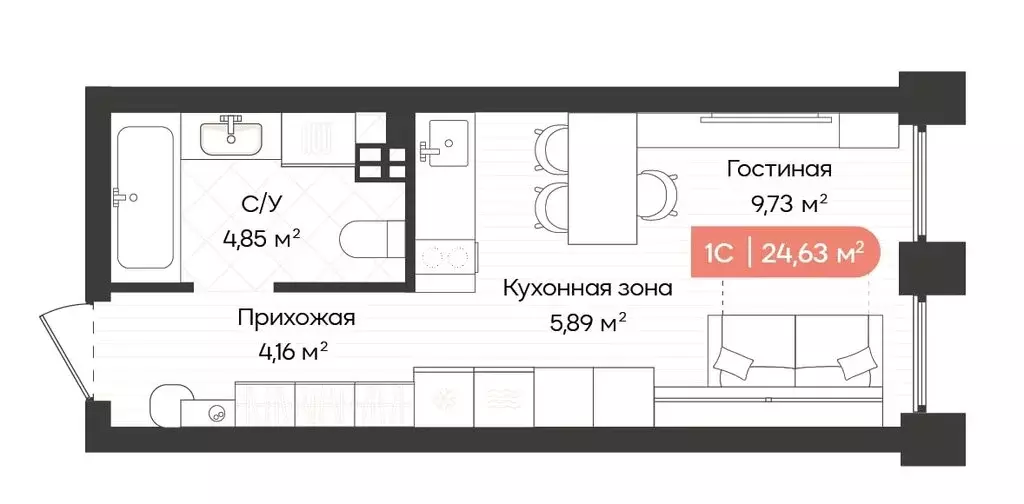 1-комнатная квартира: Новосибирск, Ленинградская улица, 340 (24.63 м) - Фото 0