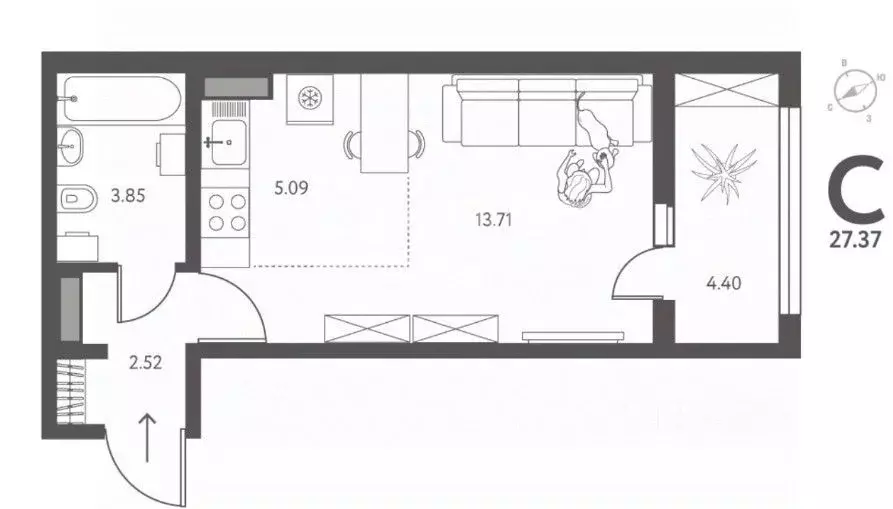 Студия Липецкая область, Липецк ул. Перова, 1 (27.37 м) - Фото 1