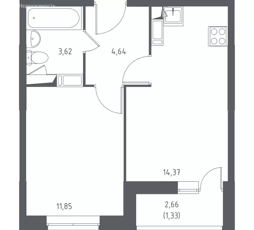 1-комнатная квартира: посёлок городского типа Мирный, улица Академика ... - Фото 1