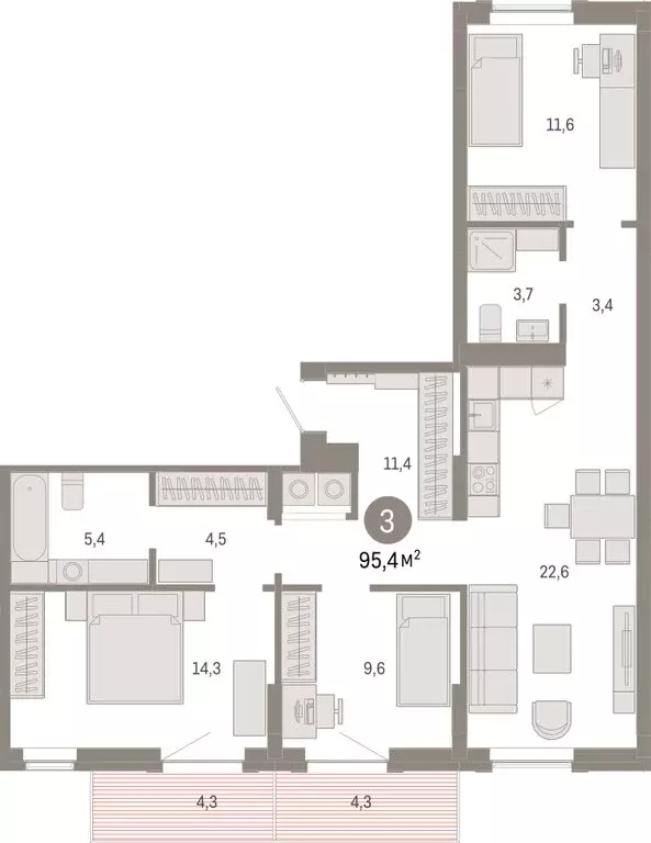 3-комнатная квартира: Омск, Кировский округ (95.37 м) - Фото 1