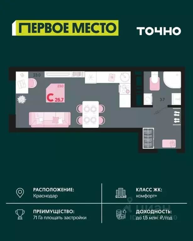 Студия Краснодарский край, Краснодар Первое Место жилой комплекс (26.7 ... - Фото 0