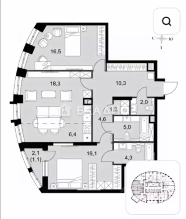3-к кв. Москва Сидней Сити жилой комплекс, к2/2 (84.5 м) - Фото 2