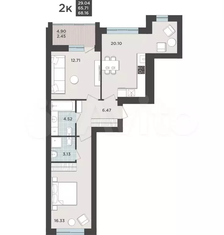2-к. квартира, 65,7 м, 5/9 эт. - Фото 1
