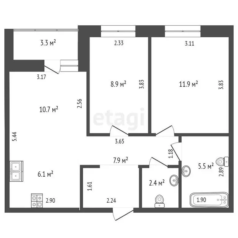 2-комнатная квартира: Тюмень, Невская улица, 109 (53.4 м) - Фото 0
