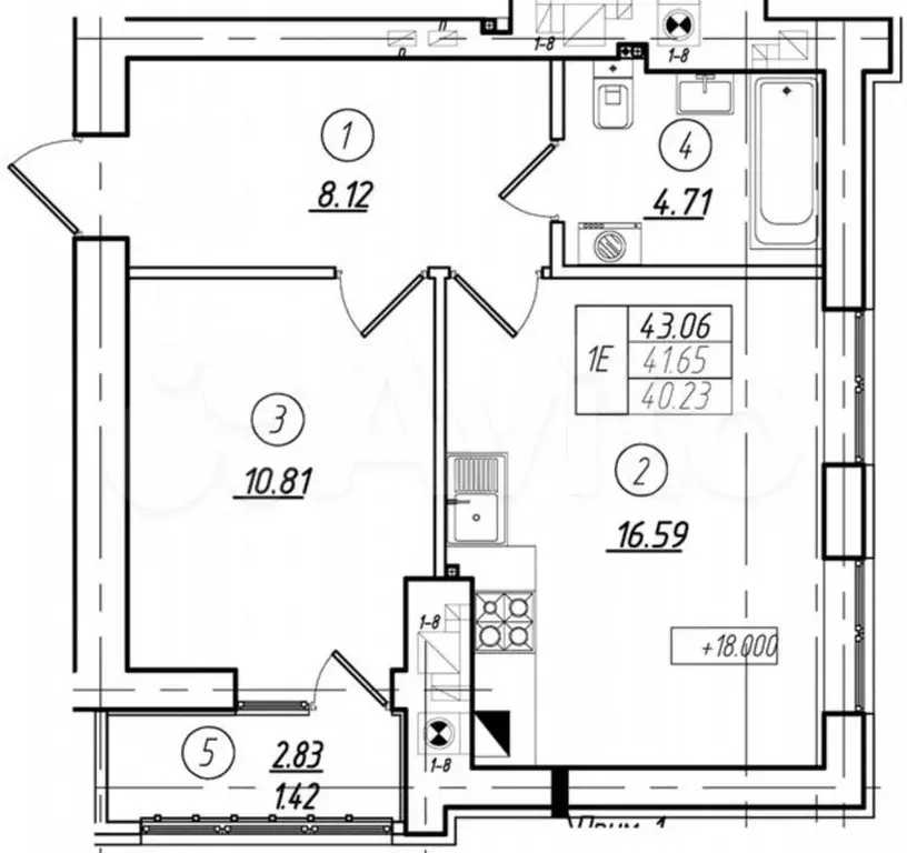 1-к. квартира, 41,7 м, 5/8 эт. - Фото 1