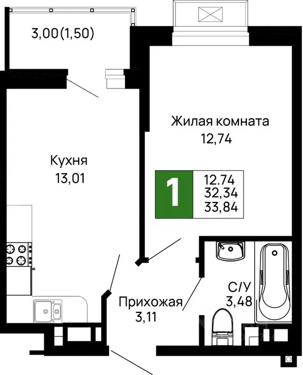 1-к кв. Адыгея, Майкоп 9 Мая ул., 14А (33.84 м) - Фото 0