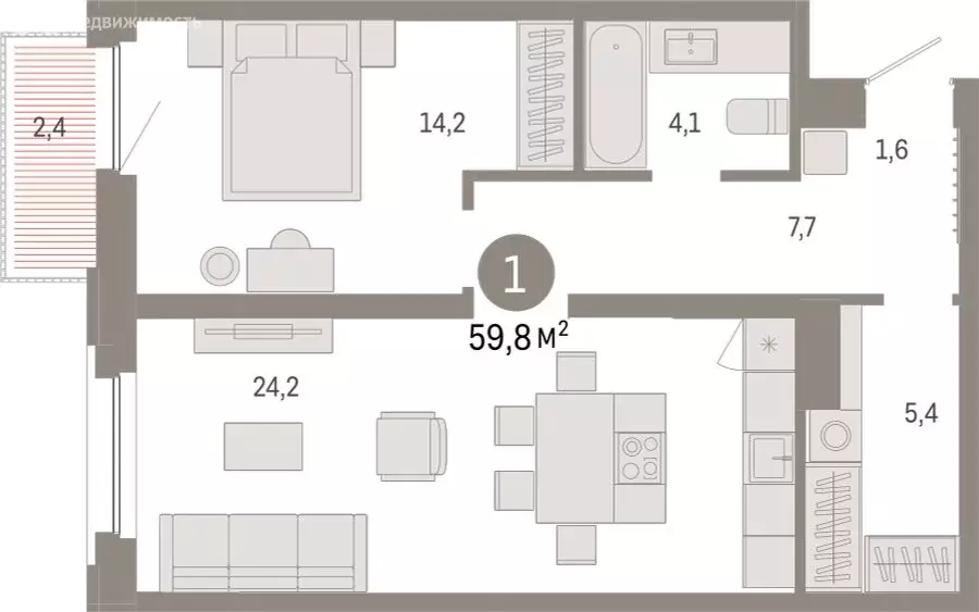 1-комнатная квартира: Тюмень, жилой комплекс Зарека (59.76 м) - Фото 0