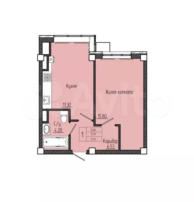 1-к. квартира, 37,9 м, 5/5 эт. - Фото 1