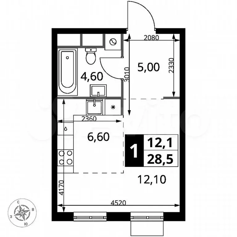 Квартира-студия, 28,3 м, 2/7 эт. - Фото 0