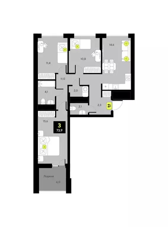 3-комнатная квартира: Тюмень, улица Андрея Приказнова, 7 (73.9 м) - Фото 1