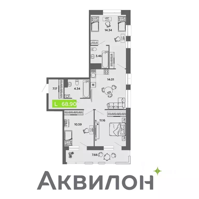 3-к кв. Архангельская область, Архангельск Привокзальный мкр,  (68.9 ... - Фото 1