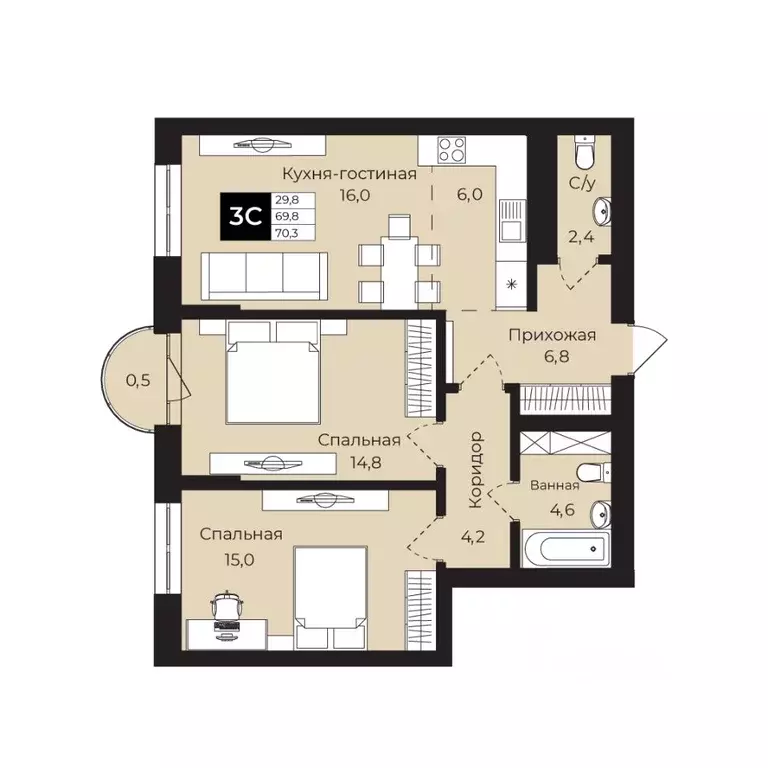 2-к кв. Башкортостан, Уфа ул. Ленина, 192 (70.3 м) - Фото 1