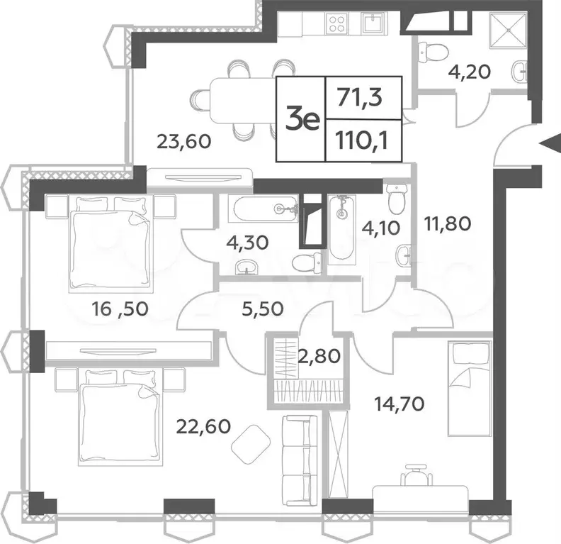 4-к. квартира, 110,1 м, 6/56 эт. - Фото 0