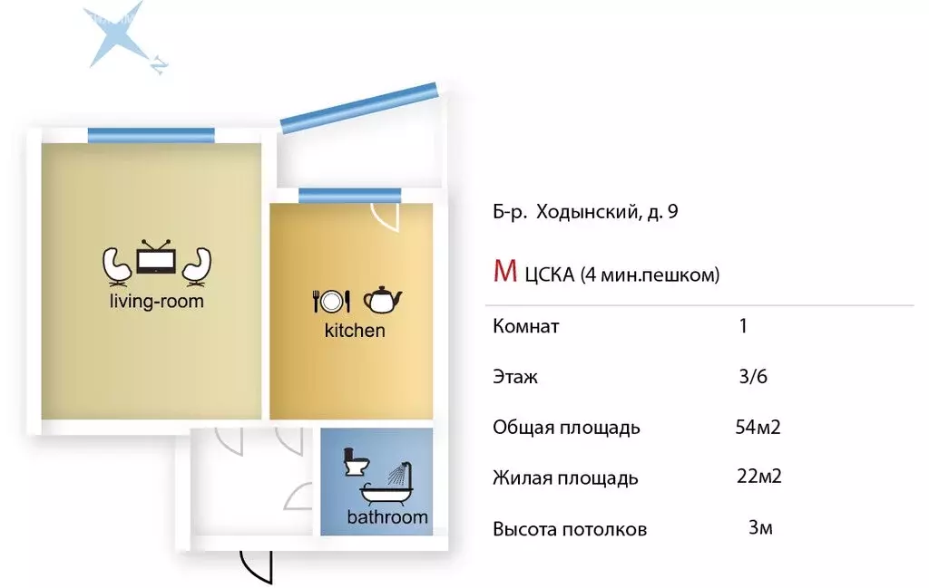 1-комнатная квартира: Москва, Ходынский бульвар, 9 (54 м) - Фото 1