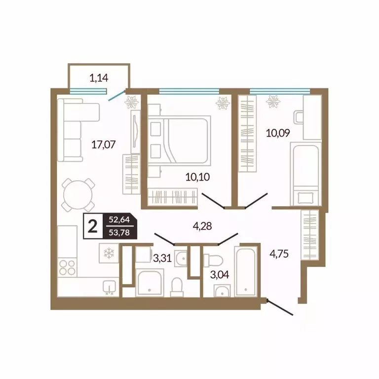 2-к кв. Тюменская область, Тюмень Концепт жилой комплекс (53.78 м) - Фото 1