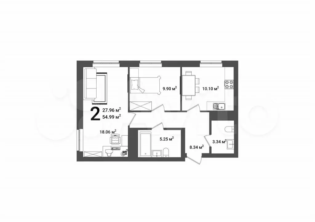 2-к. квартира, 54,9 м, 21/25 эт. - Фото 1