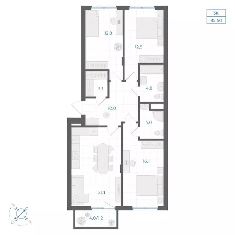 3-комнатная квартира: Челябинск, ЖК Клевер (85.6 м) - Фото 1