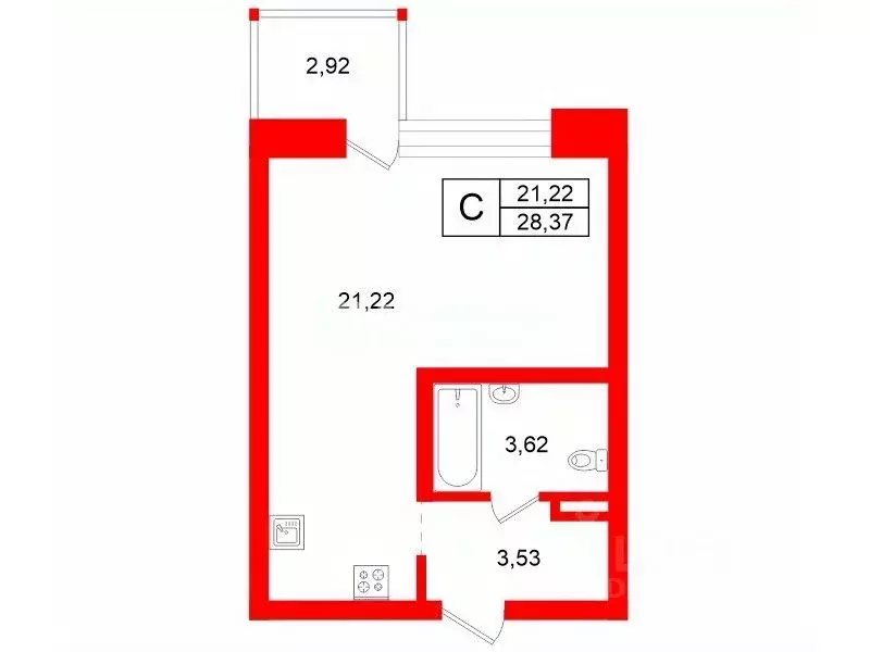 Студия Санкт-Петербург Комендантский просп., 58к1 (28.3 м) - Фото 1