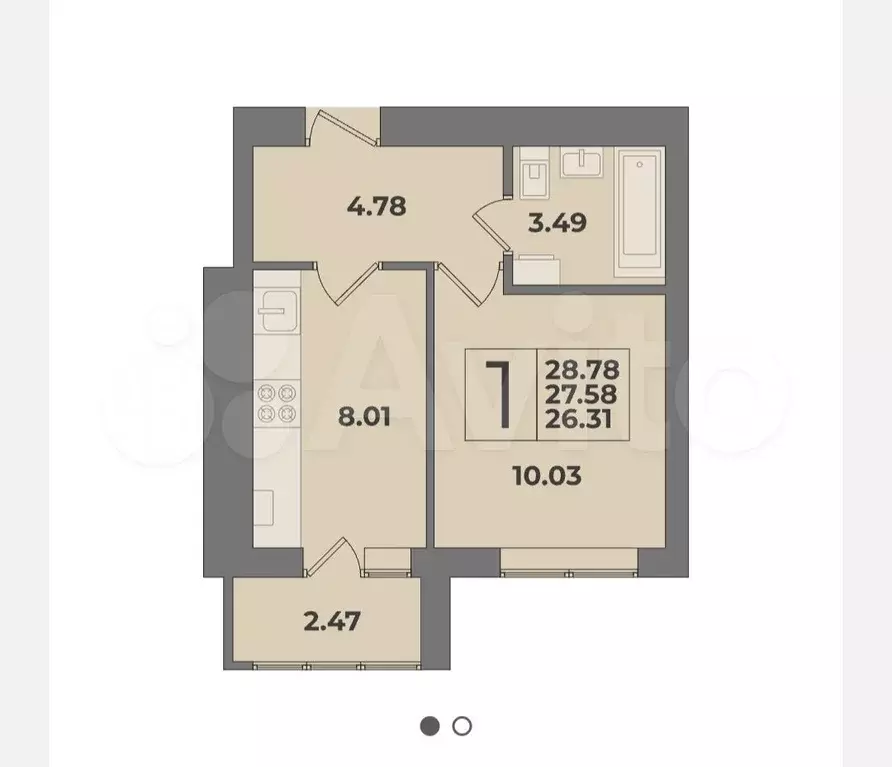 1-к. квартира, 28,8 м, 8/9 эт. - Фото 1