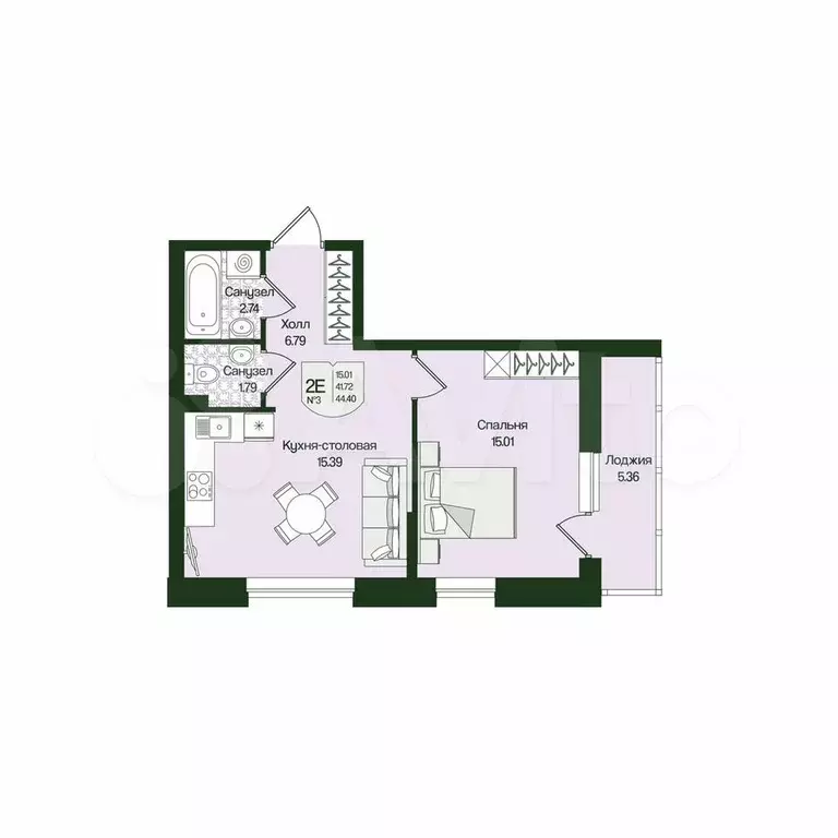 1-к. квартира, 44,4 м, 1/4 эт. - Фото 0