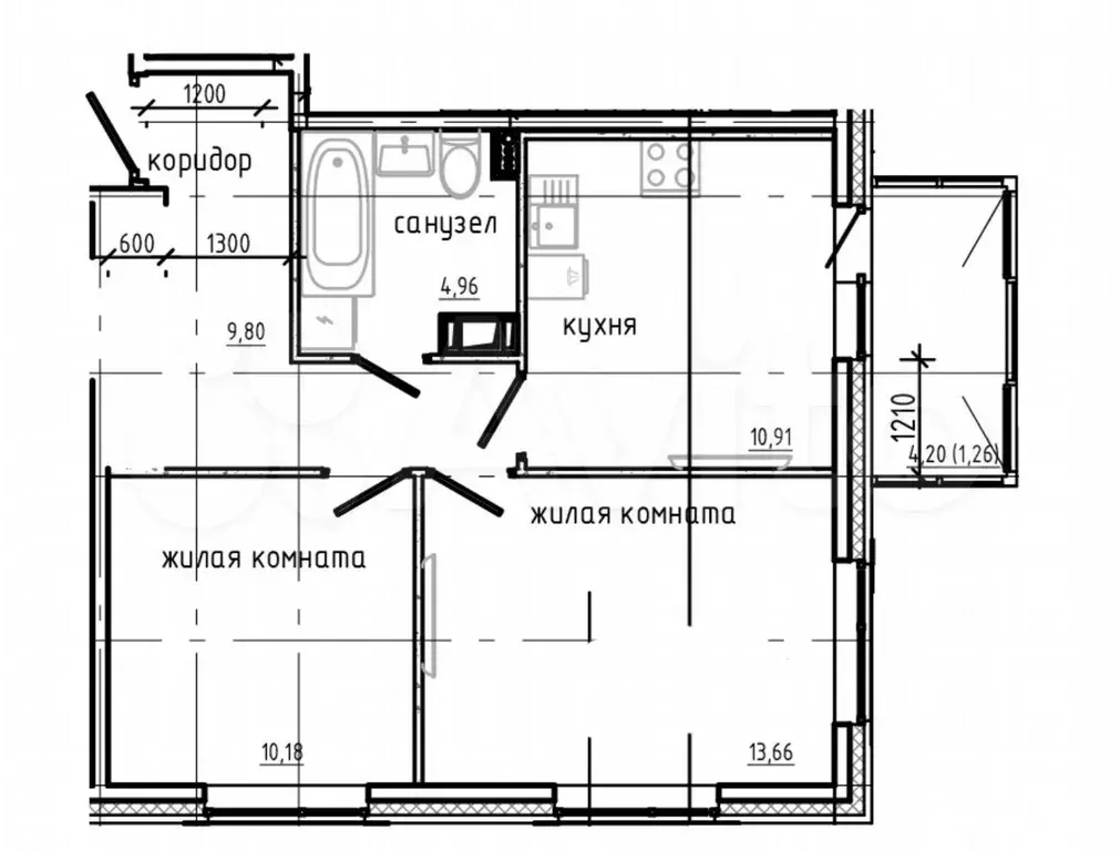 2-к. квартира, 50,8 м, 5/9 эт. - Фото 0