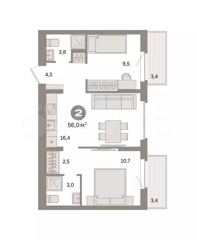 2-к. квартира, 56 м, 3/9 эт. - Фото 0