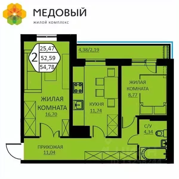 2-к кв. Пермский край, д. Кондратово ул. Н.М. Яблокова, 2 (51.5 м) - Фото 1