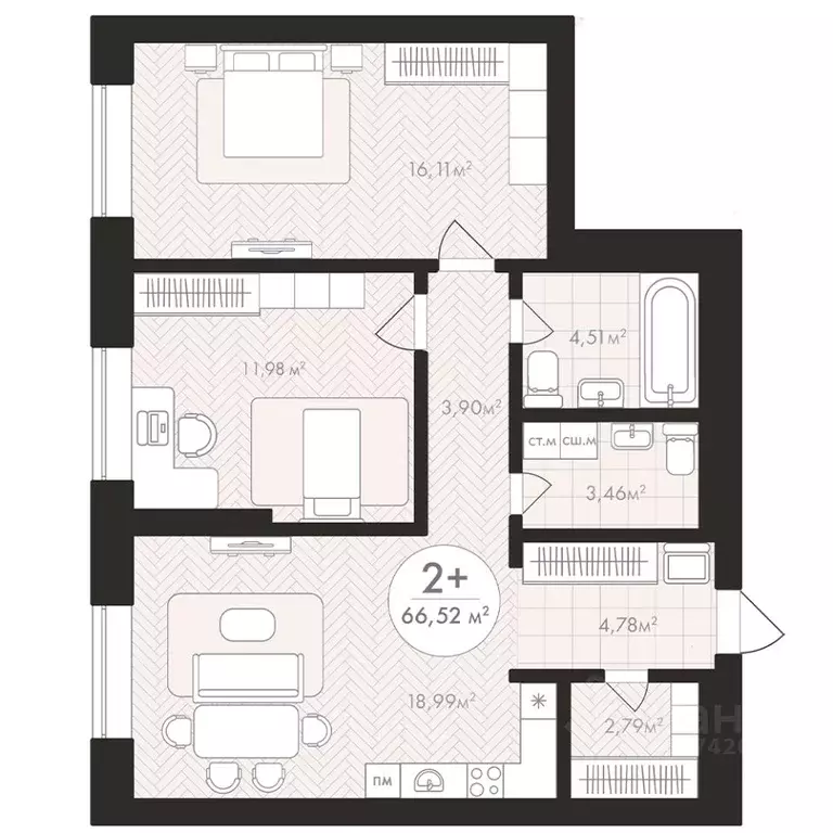 2-к кв. Башкортостан, Уфа Южный-2 мкр,  (66.52 м) - Фото 1