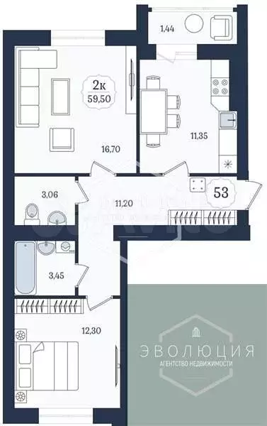 2-к. квартира, 59,5 м, 2/9 эт. - Фото 0