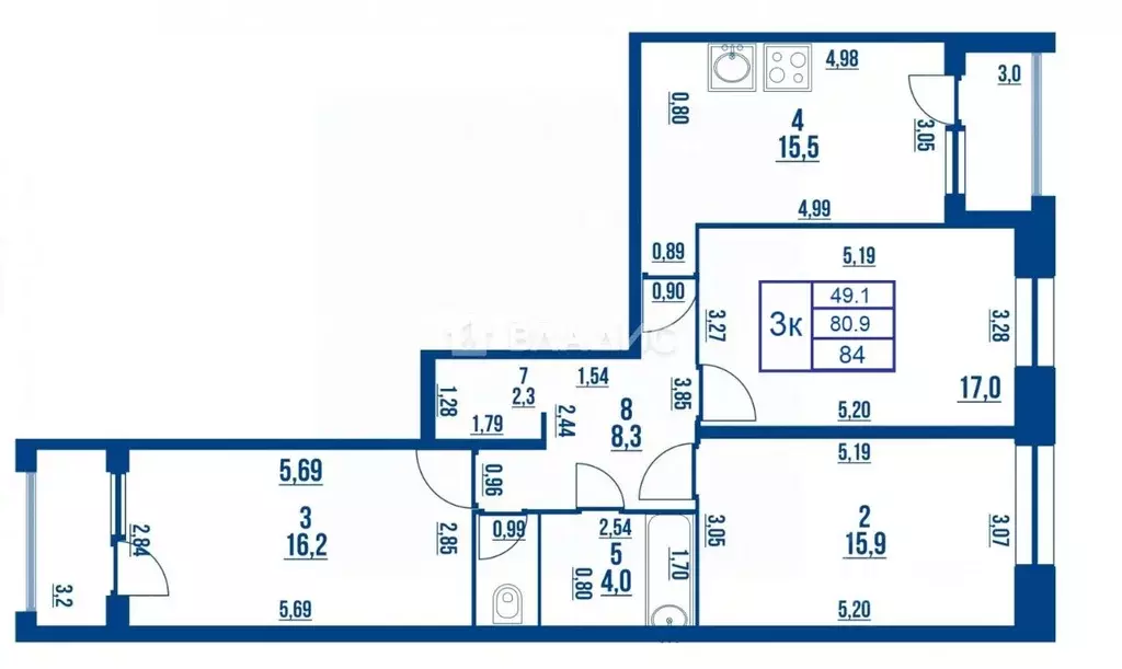3-к кв. Санкт-Петербург Студенческая ул., 14к1 (84.0 м) - Фото 2