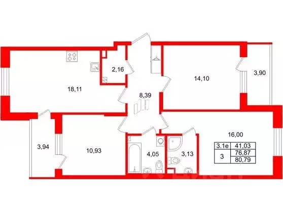 3-к кв. Санкт-Петербург Пулковское ш., 95к3 (76.87 м) - Фото 0