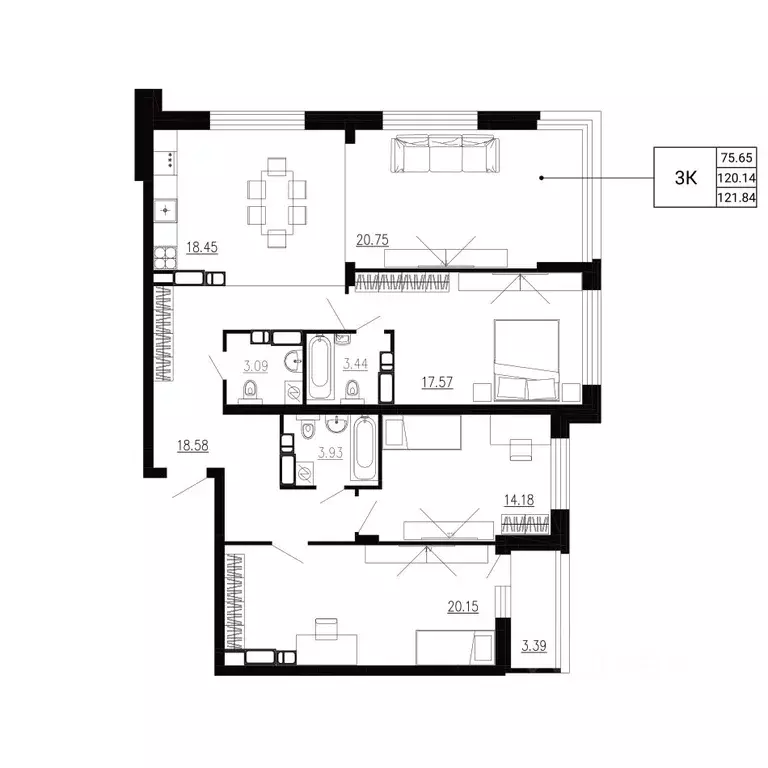 3-к кв. Орловская область, Орел Ломоносов жилой комплекс (121.84 м) - Фото 1