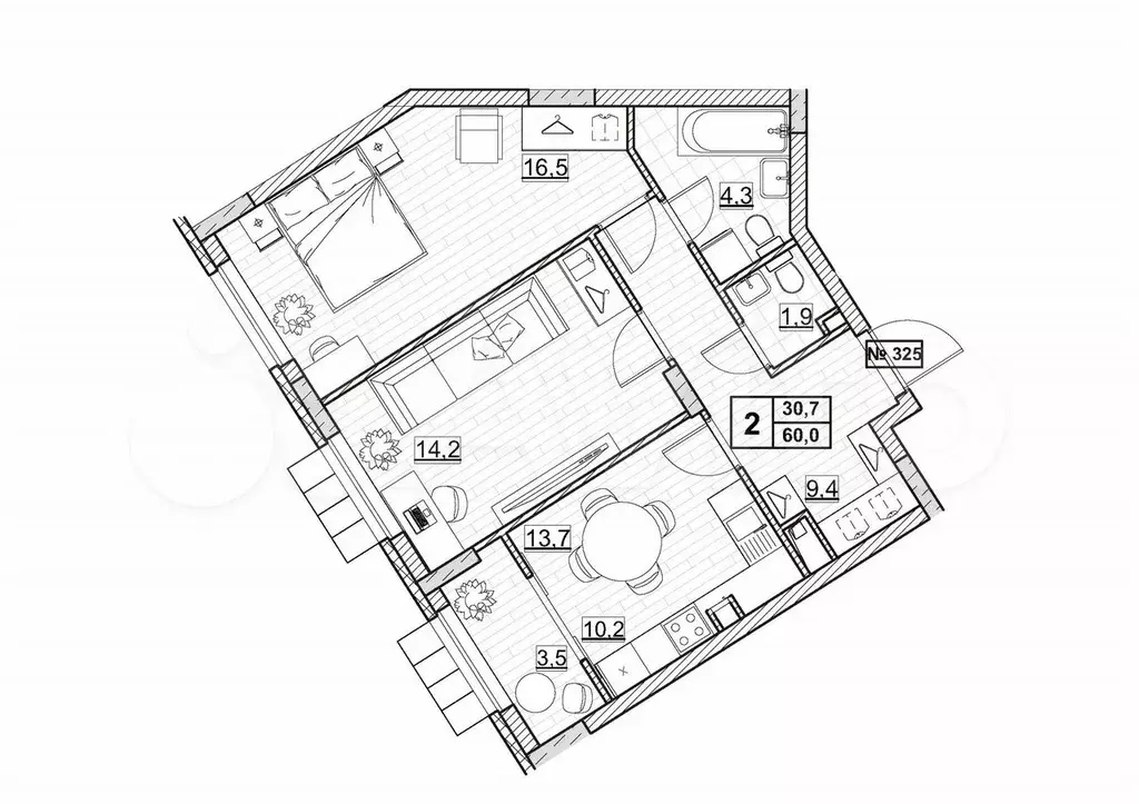 2-к. квартира, 60 м, 15/24 эт. - Фото 0
