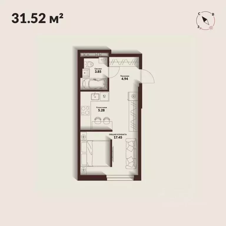 Студия Приморский край, Владивосток Каскада жилой комплекс (31.52 м) - Фото 1