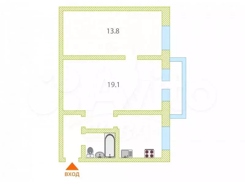 2-к. квартира, 44,6 м, 2/5 эт. - Фото 0