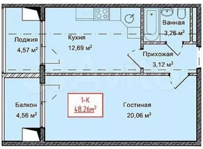 1-к. квартира, 48,3 м, 4/13 эт. - Фото 1