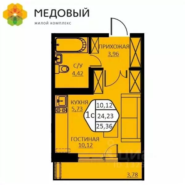 1-к кв. Пермский край, д. Кондратово ул. Н.М. Яблокова, 6 (25.36 м) - Фото 0