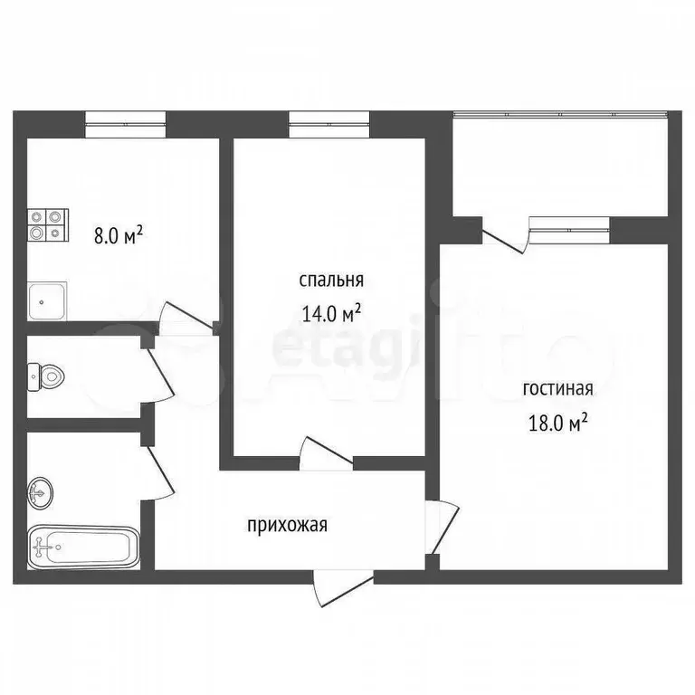 2-к. квартира, 48,3 м, 4/5 эт. - Фото 0