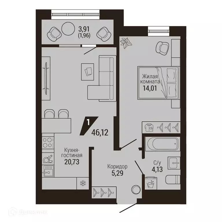 Продаётся 1-к квартира, 46.1 м - Фото 0