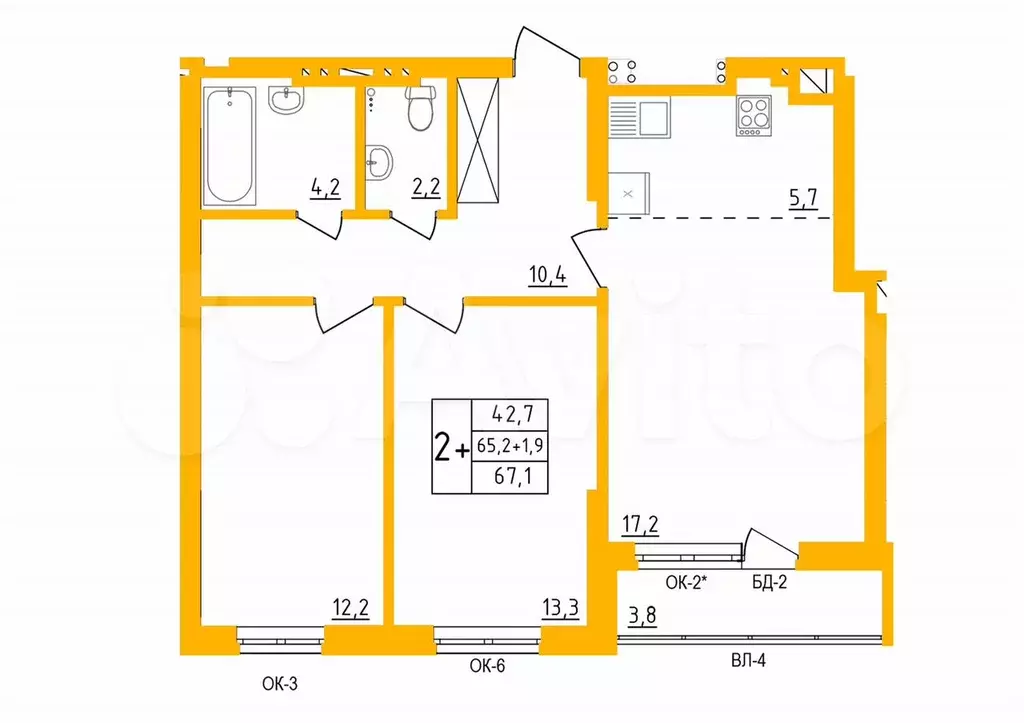 2-к. квартира, 67,1 м, 10/27 эт. - Фото 1