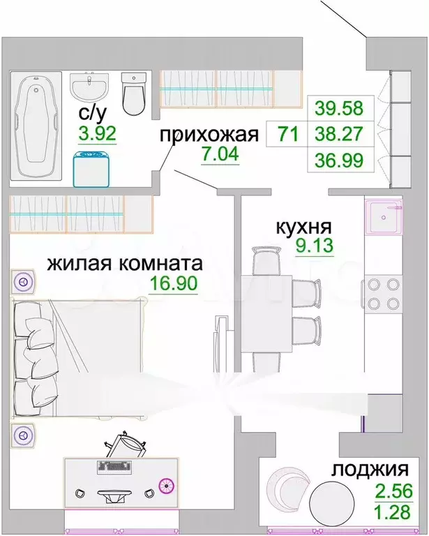 1-к. квартира, 38,6 м, 9/9 эт. - Фото 1