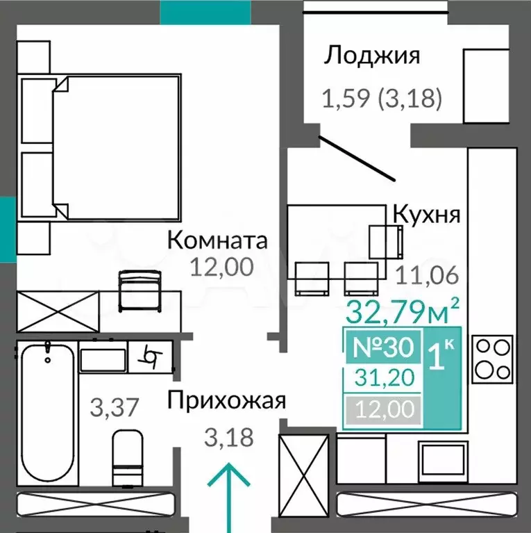 1-к. квартира, 31,2 м, 5/9 эт. - Фото 0