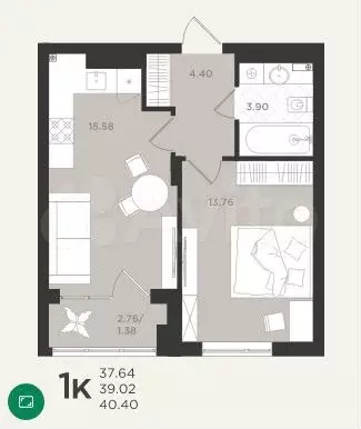 1-к. квартира, 40,4 м, 3/4 эт. - Фото 1