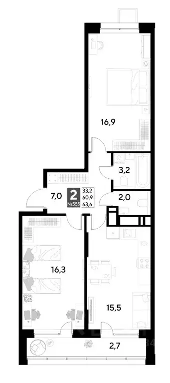 2-к кв. Омская область, Омск Снегири жилрайон,  (63.6 м) - Фото 0