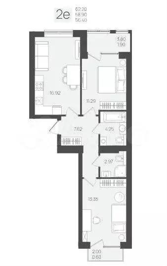 2-к. квартира, 62,2 м, 3/5 эт. - Фото 1