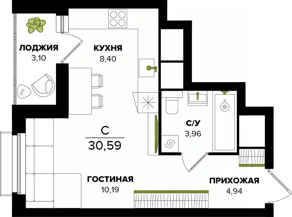 Студия Тульская область, Тула  (30.59 м) - Фото 0